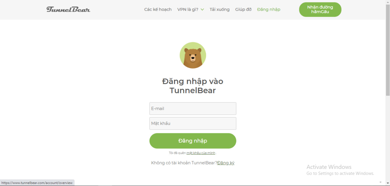 Thực hiện đăng nhập tài khoản TunnelBear